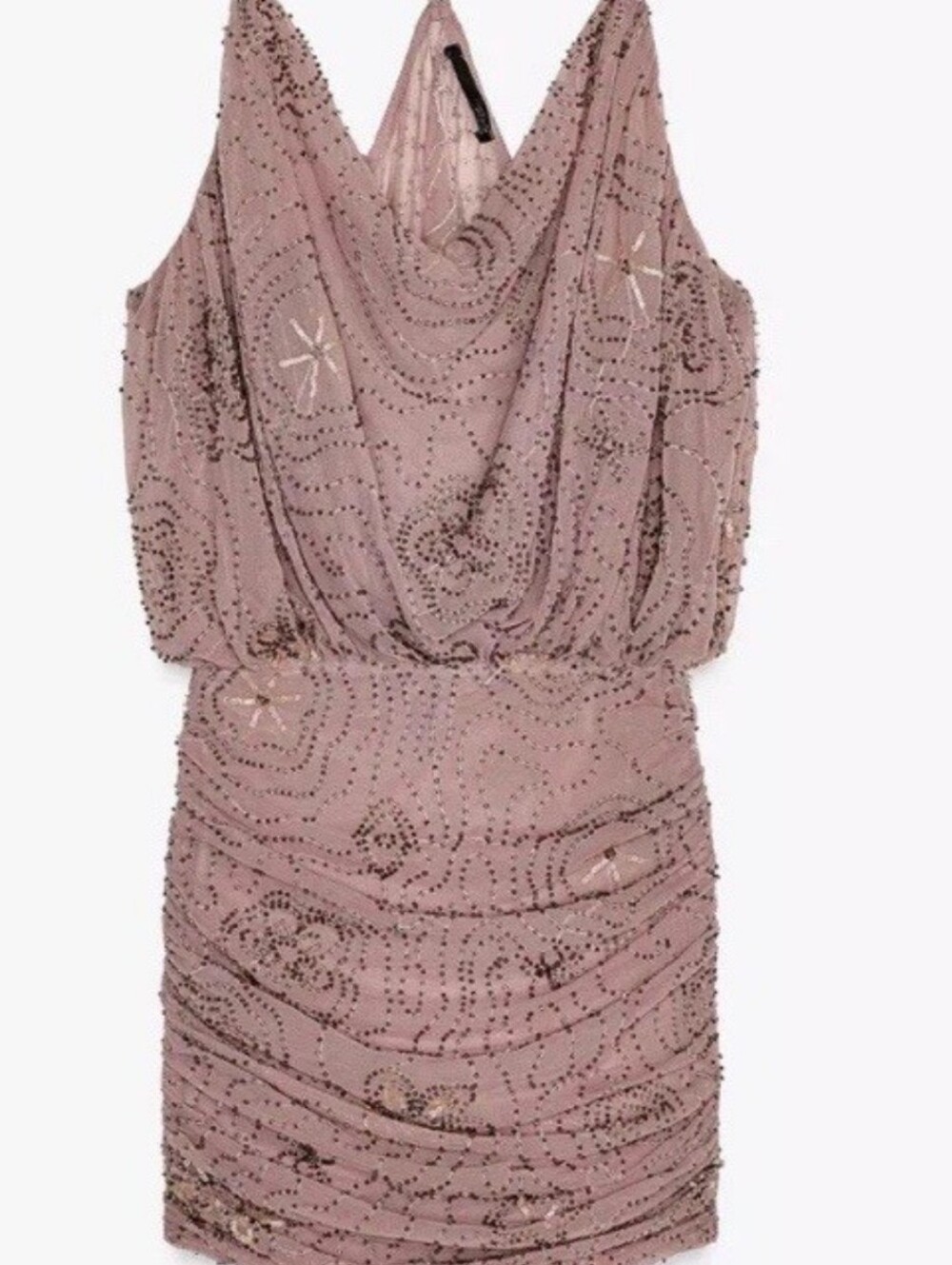Zara Dusty Mauve Beaded Cowl Neck Mini Dress